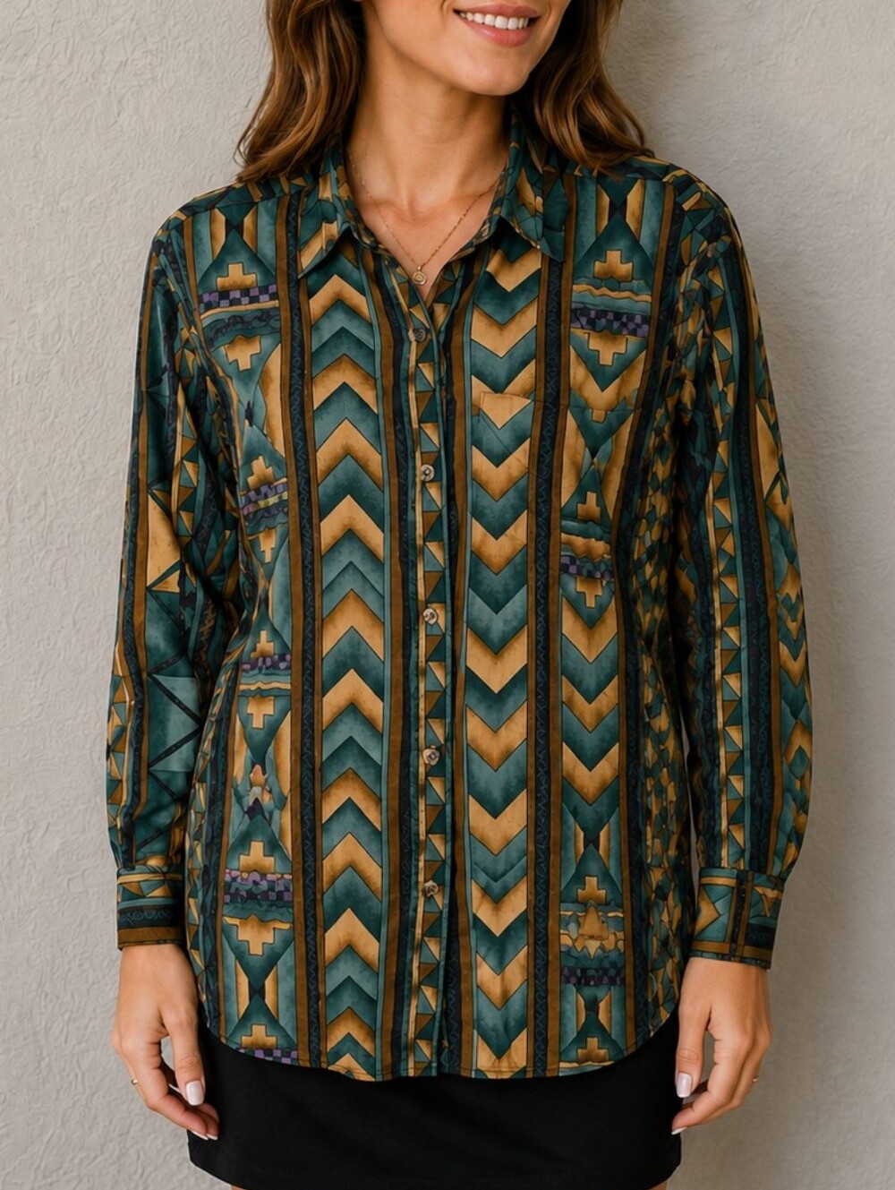 Vtg LONGHORN 1980s Brown & Teal Western Aztec Long Sleeve Button Down Shirt